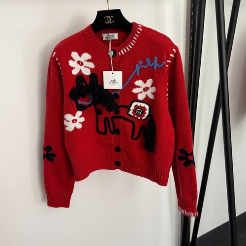 Hermes Cute Pony Embroidery Round-Neck Long-Sleeve Knit Cardigan in Red
