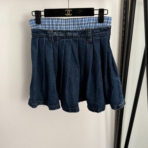 Miu Miu Blue Checked Patch High-Waisted Denim Skirt