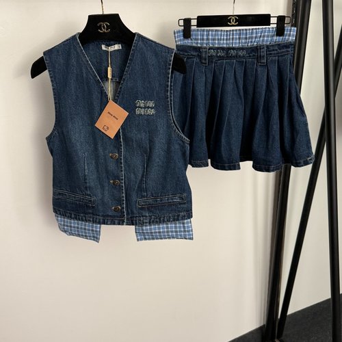 Loro Piana Denim Vest and Skirt Set with Logo & Checked Patch