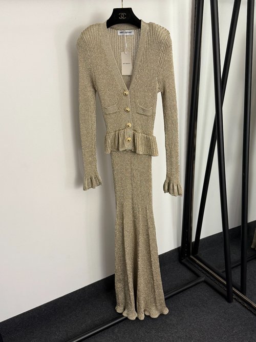 Self-Portrai Self-Portrait Shiny Blend Ruffled Waist Long-Sleeved Knit Dress