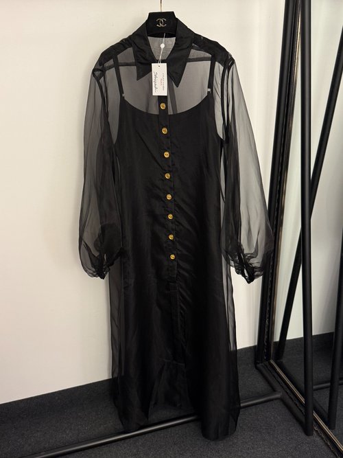 Schiaparelli Metal Keyhole Buttoned Sheer Long-Sleeved Shirt Dress with Lining
