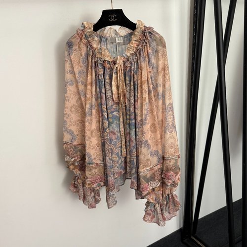 Zimmermann Pale Pink Floral Print Shirt with Ruffled Collar and Slip