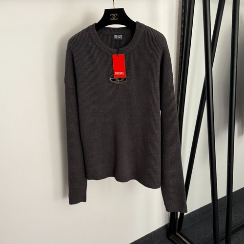 Diesel Dark Gray Hollow Logo Long-Sleeve Wool Knit Pullover