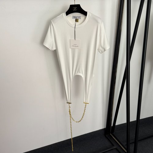 Schiaparelli Hardware Chain Decorated Irregular Short-Sleeve T-Shirt in White, Dark Brown and Black