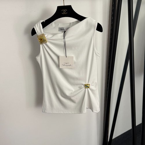 Schiaparelli Evil Eye Metal Button Decorated Cotton Sleeveless Top in White, Dark Brown and Black
