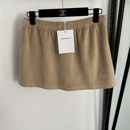 Alexander Wang Shining Rhinestone Velvet Short Skirt with Lining in Khaki
