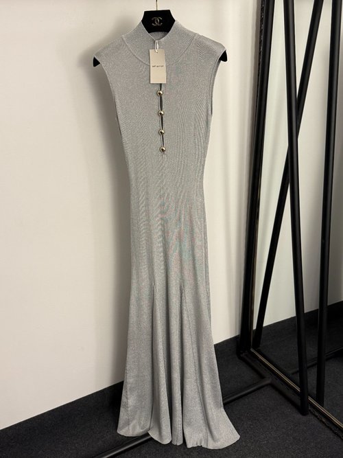 Self-Portrai Gray, Red and Khaki Gold Bead Button Silk Blend Turtleneck Vest Dress