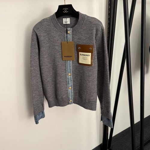 Burberry Gray Denim-Spliced Long-Sleeved Knitted Cardigan with Logo