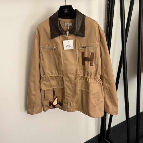 Hermes Leather Logo Zip Pocket Windbreaker in Khaki