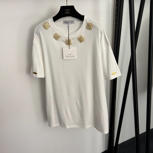 Schiaparelli Casual Short Sleeve T-Shirt with Pearl-Encrusted Buttons