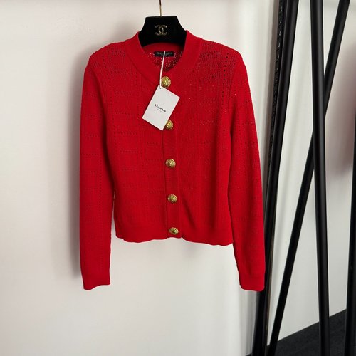 Balmain New Red Lion Head Gold Button Padded Shoulder Knit Cardigan