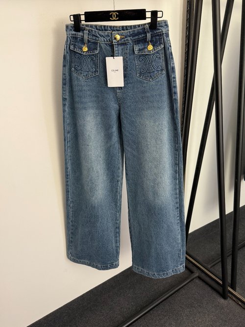 Celine Blue Arc de Triomphe Logo Jacquard Double-Pocket Jeans