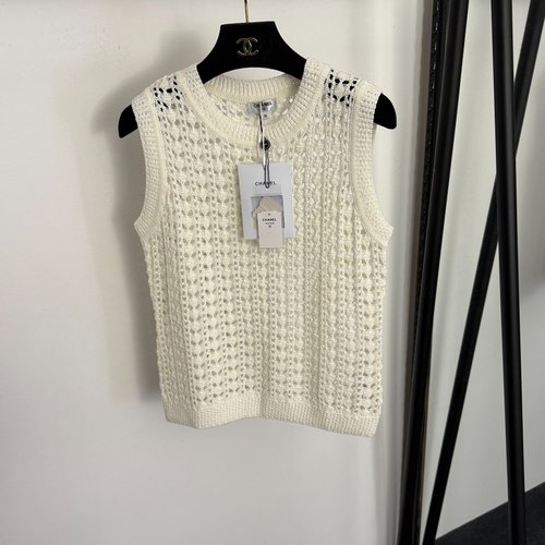 Chanel Tweed Logo Embroidery Hollowed-Out Knit Vest in Beige, Pink and Black