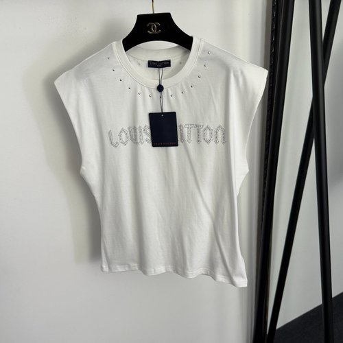 Louis Vuitton White & Black Beaded Logo Letter Sleeveless T-Shirt
