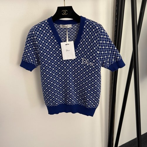 Dior Blue V-Neck Short-Sleeved Wool Knit Top with Logo Embroidery