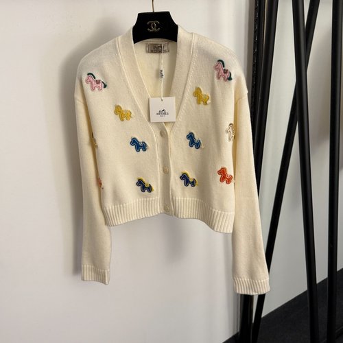 Hermes Colorful Pony Embroidery V-Neck Wool Knit Cardigan in 3 Colors