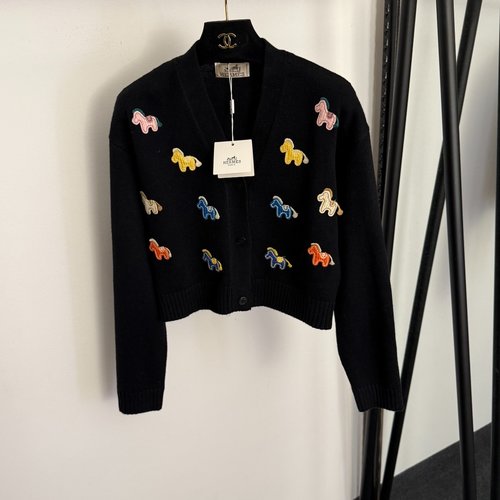 Hermes Colorful Pony Embroidery V-Neck Wool Knit Cardigan in 3 Colors