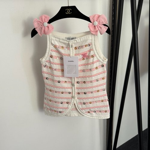 Chanel Tweed-Style Rhinestone-Buttoned Sequined Knit Vest in Pink & Black