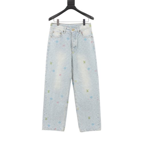 Louis Vuitton Vintage Flower Embroidered Denim Jeans with Multi-Color Accents