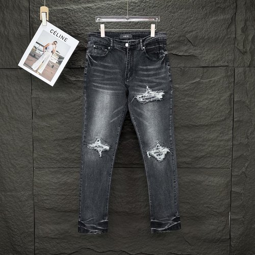 Ami Distressed Black Patch Stretch Denim