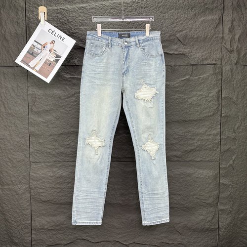 Ami White Leather Patch Ripped Jeans in Timeless Style