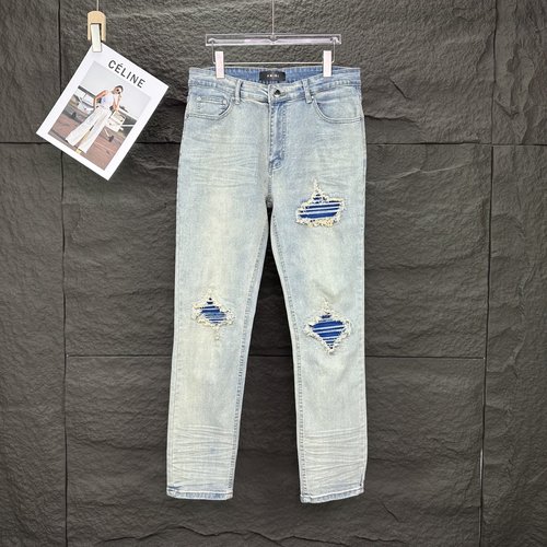 Ami Blue Leather Patch Distressed Jeans for All Occasions