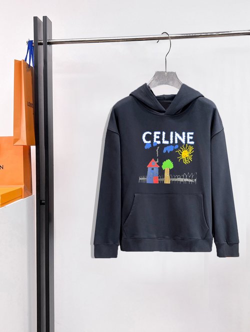 Celine Double-layer Cotton T-shirt with Kangaroo Pocket and Letter Print
