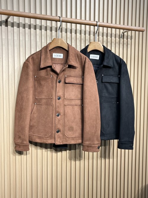 Loewe Suede Down Jacket with Brand Emblems and Pockets