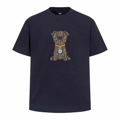 Fendi Blue Jacquard Patch Bear Round Neck Short Sleeve