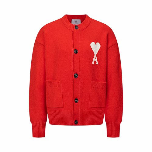 Ami Red Heart Jacquard Double Pocket Cardigan