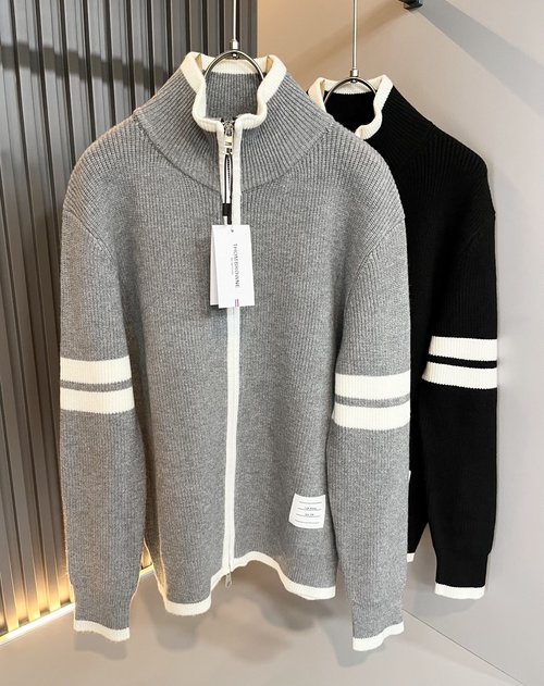 Thom Browne Men and Women s Knit Wool Cardigan with Stripes