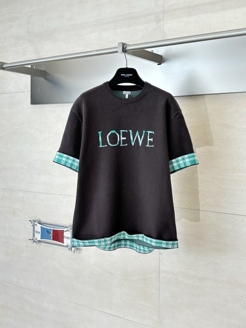 Loewe Gingham Roll-Up Sleeve Knit Short-Sleeve T-Shirt