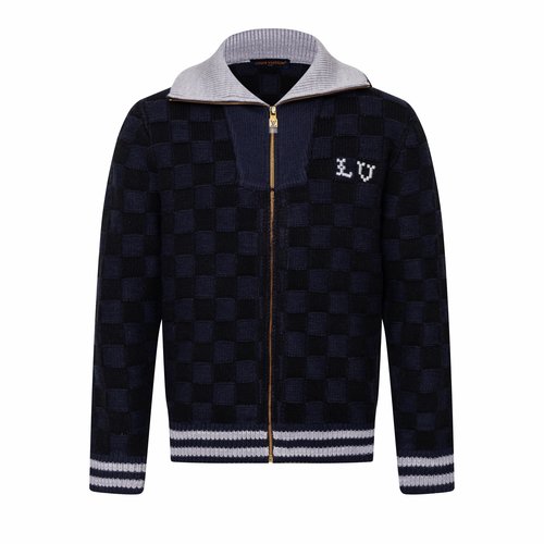 Louis Vuitton Checkerboard Knit Zip-Up Sweater with LV Embroidered