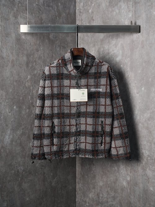 Versace Plush Checked Zippered Jacket with 3D Embroidery