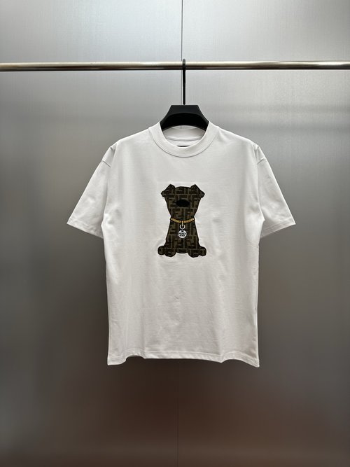 Fendi Cute Dog Embroidered Short Sleeve in White, Stylish