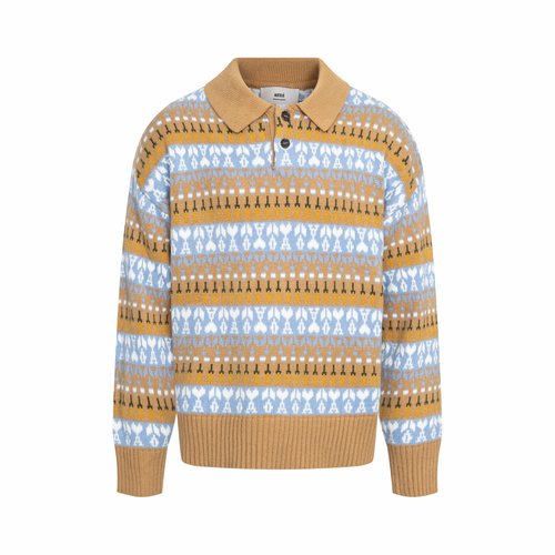 Ami Christmas Heart Stripe Jacquard Collared Sweater