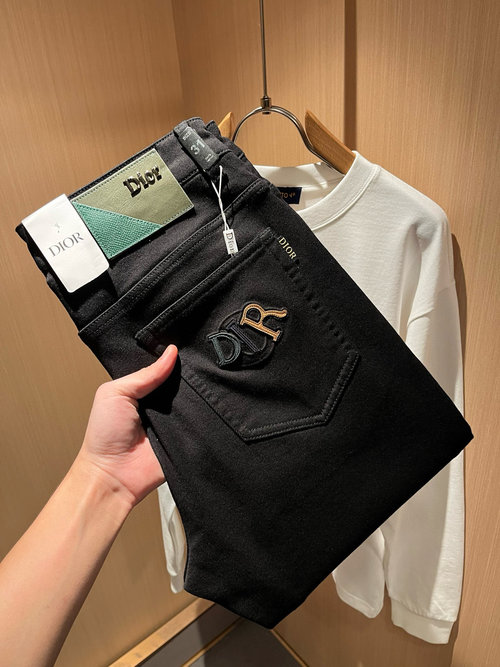 Dior Water-washed Straight Jeans with Logo Design, Trendy