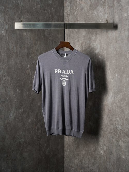 Prada Classic Logo Jacquard Wool Short-Sleeve Top