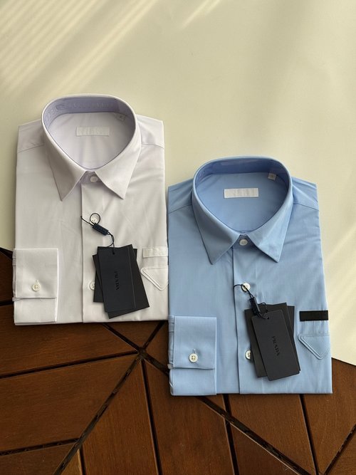 Prada White and Blue Spliced Cotton Long Sleeve Shirt