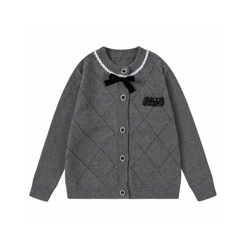 Miu Miu Girls Plaid Jacquard Wool Blend Cardigan with Detachable Bow 