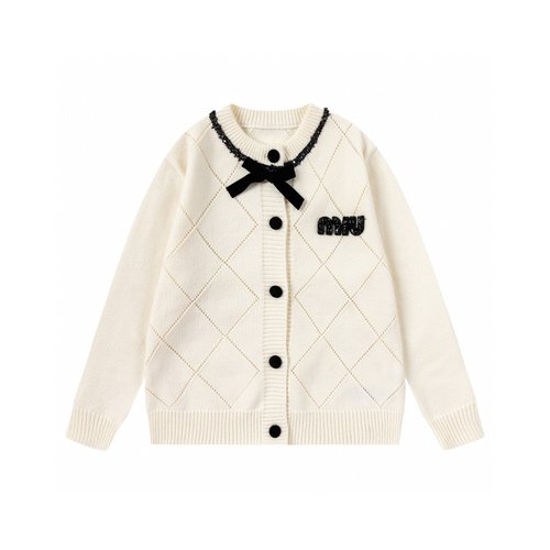 Miu Miu Soft Girls Plaid Wool-Blend Cardigan with Detachable Bow 