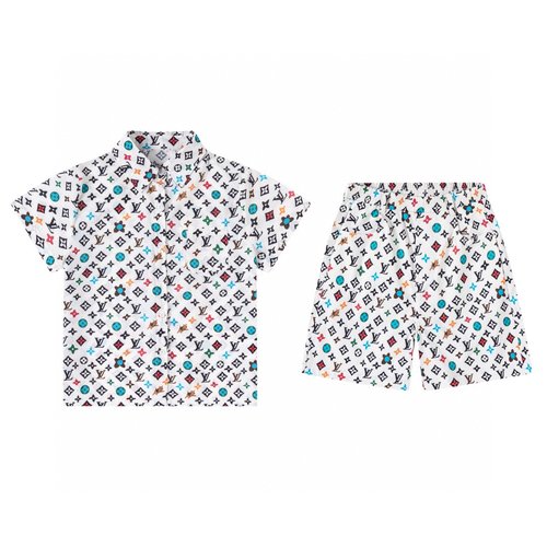 LV Boys Colorful Monogram Tencel-Cotton Shirt & Shorts Set