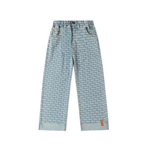 Miu Miu Girls Stylish Jacquard Jeans with Cuffed Hems 