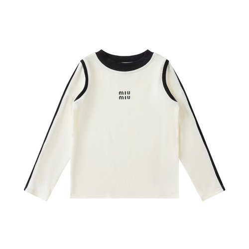 Miu Miu Girls Long Sleeve T-Shirt Cream & Black Contrast Cotton