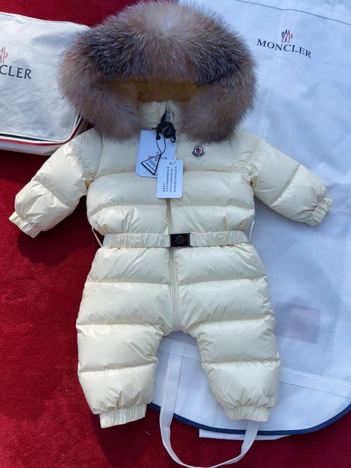 Moncler Toddler Goose Down Onesie with Fox Fur Trim, Black/White 