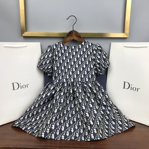 Dior Girls Letter Print Puff Sleeve Dress