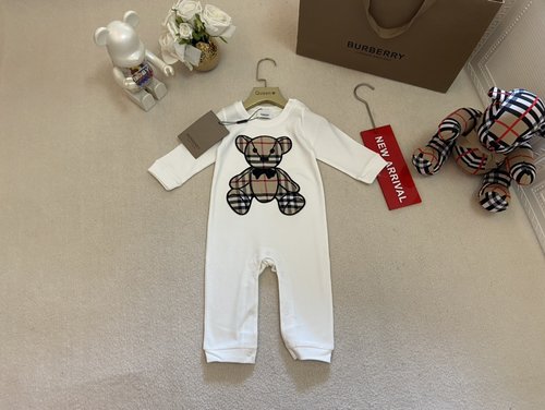 Burberry Baby Unisex Long Sleeve Onesie with Embroidered Bear, Cotton