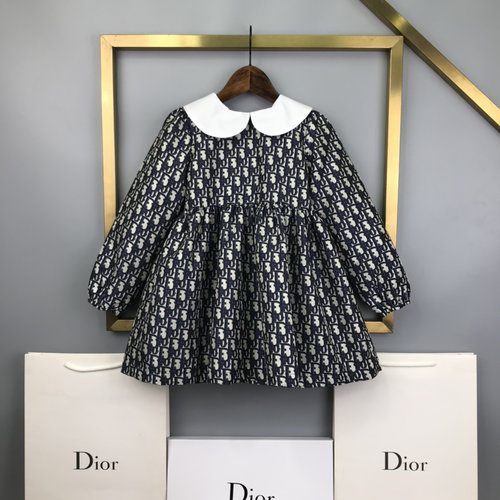 Dior High-End Girls Long Sleeve Cotton Dress with Pleated Waist & Dense Print