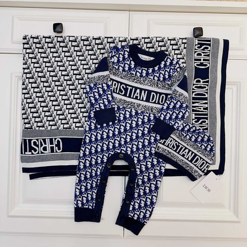 Dior Baby Knit 3-Piece Set (Romper, Hat, Blanket)