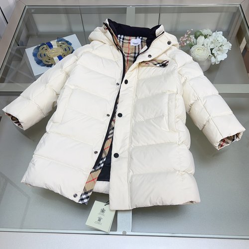 Burberry Kids Hooded Down Jacket Mid-Length Striped Metal Buttons 